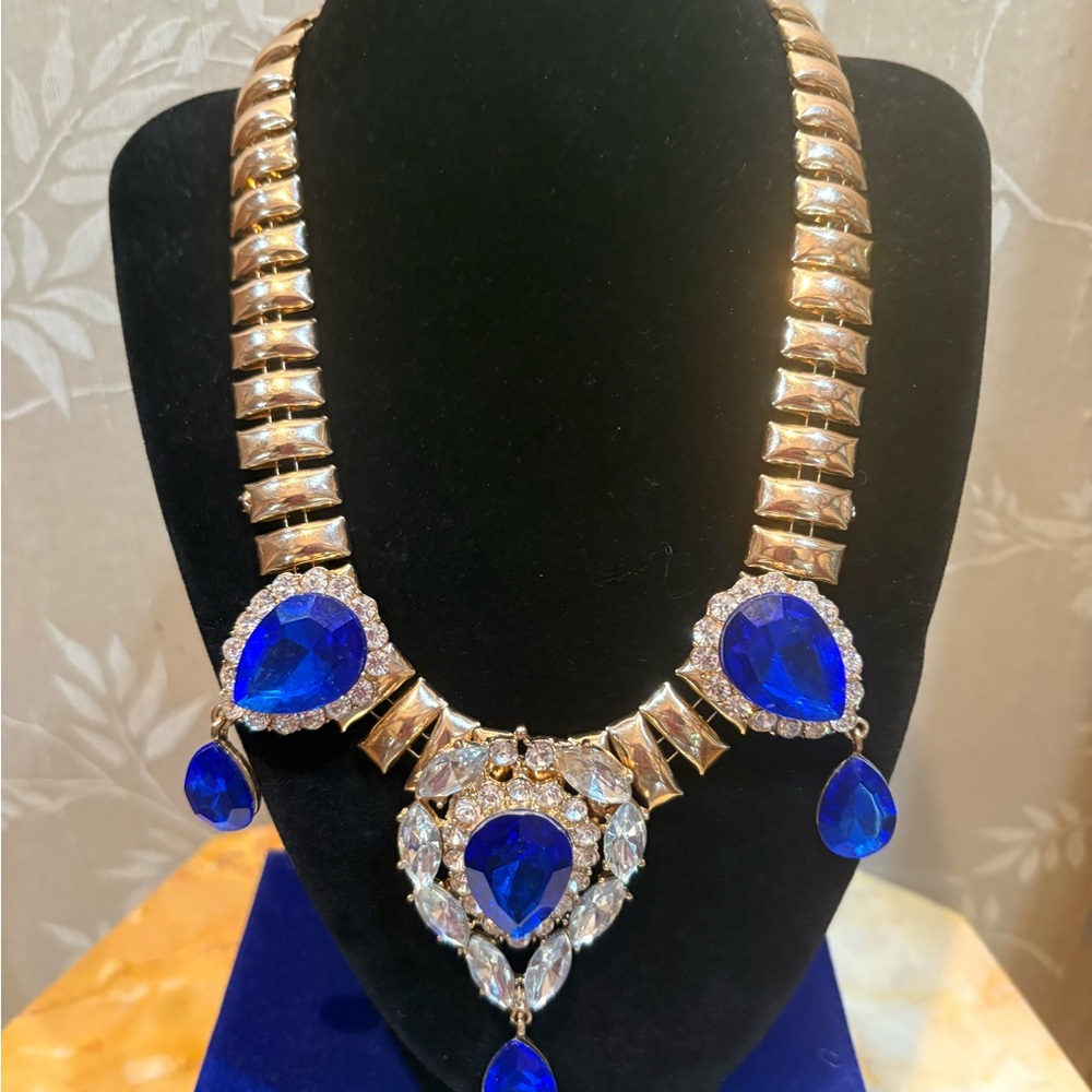 Blue  Faux Sapphire with Diamond Teardrop Lucite Necklace